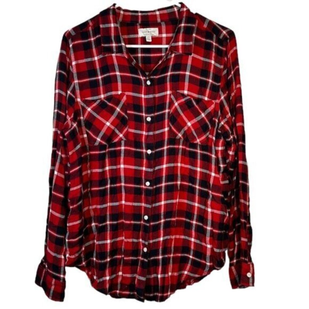 Lucky Brand Plaid Red Black Long Sleeve Blouse Shirt Size Large EUC #0513-OC
